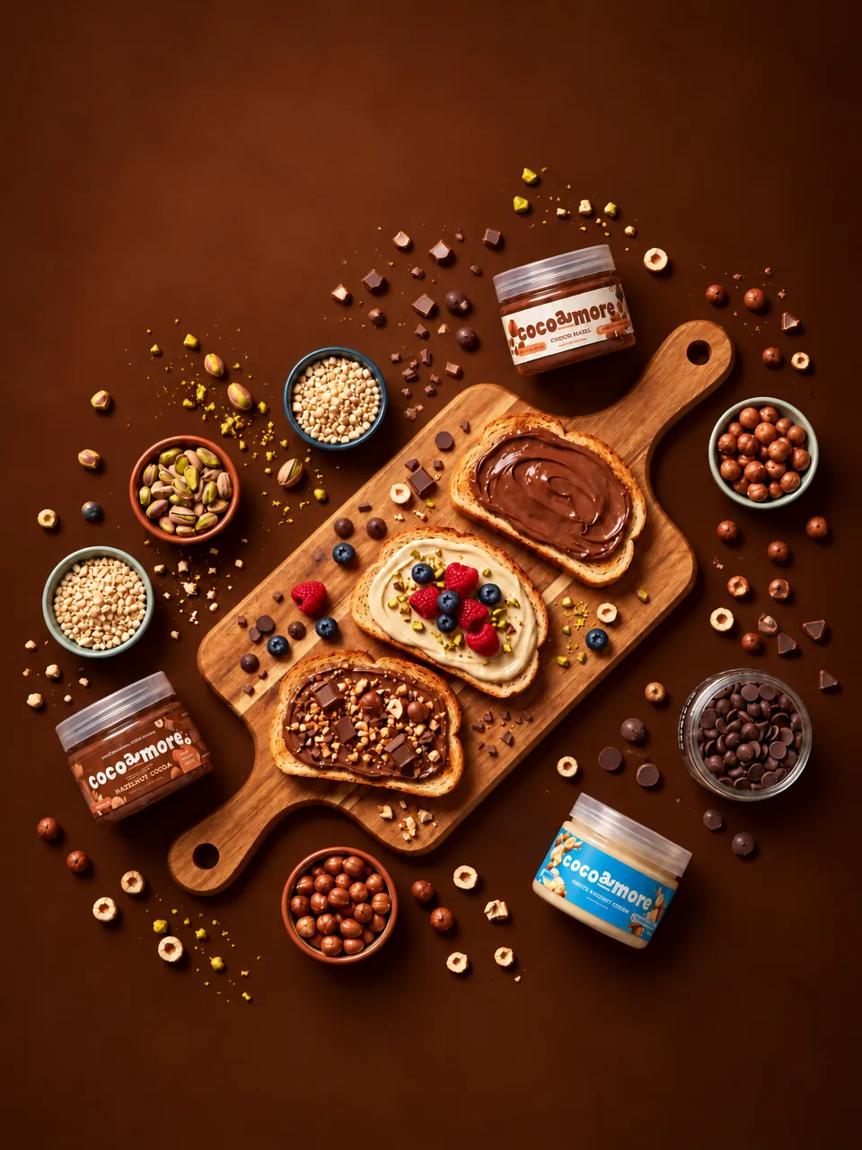A board of toast with three Cocoamore spreads, nuts and berries