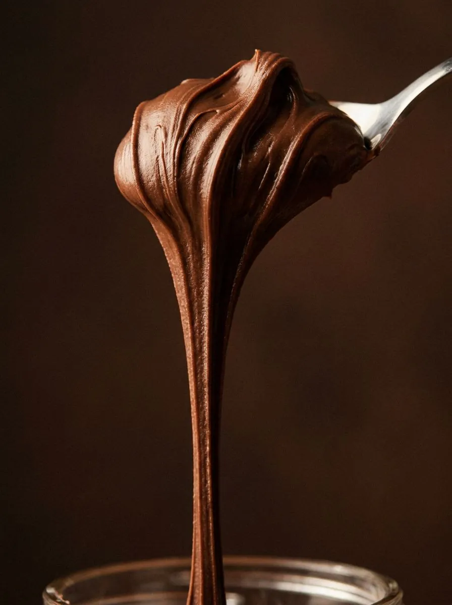 Cocoamore spread hanging off a spoon, close up